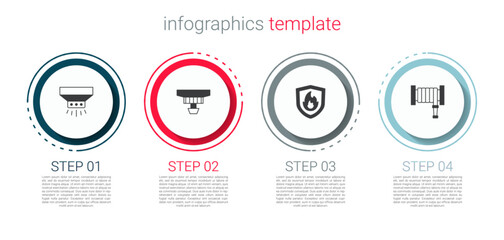 Set Fire sprinkler system, Smoke alarm, protection shield and hose reel. Business infographic template. Vector