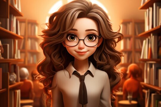 Illustration Caucasian Woman Librarian Background Very Attractive Generative AI