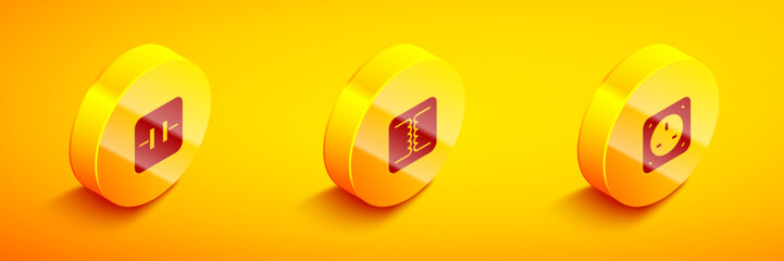 Set Isometric Electrolytic capacitor, Electrical transformer and outlet icon. Vector
