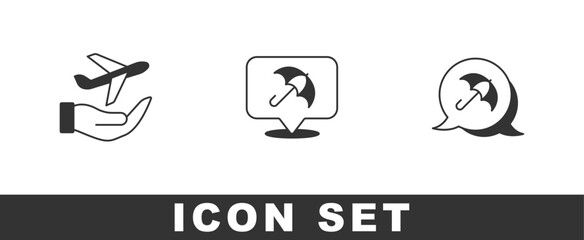 Set Plane in hand, Umbrella and icon. Vector