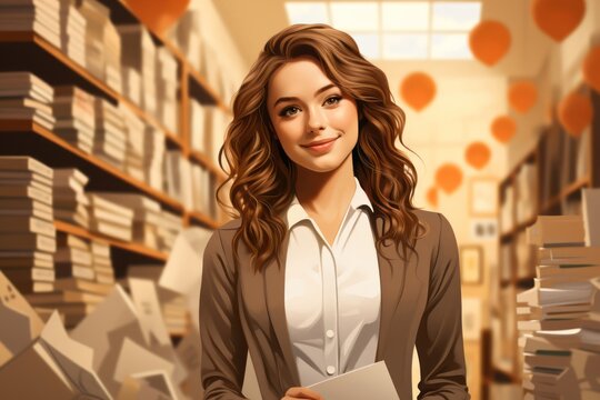 Illustration Caucasian Female Office Clerk Backdrop Smiling Generative AI