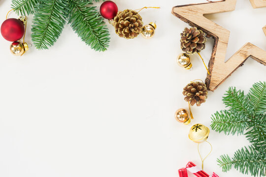 Christmas flat lay styled scene with evergreen tree twigs and copy space