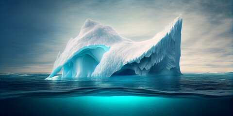 Drawn a huge beautiful iceberg floating in the sea, close-up. Generative AI