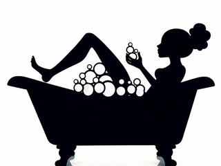 Drawn sketch image of a beautiful young woman sitting coquettishly and bathing playfully in the bathtub. Generative AI