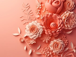 composition of paper flowers on a delicate pink background. Generative AI