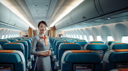 Asian woman working as flight attendant. Female airplane stewardess with blurred seats in aisle background. Generative AI
