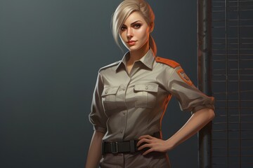 Illustration Caucasian Female Prison Guard Background Smiling Generative AI