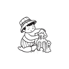 Handdrawn kid illustration, child drawing, cute kid, boy on the beach, sand castle