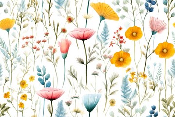 Fototapeta na wymiar Seamless minimalistic watercolor pattern: the wildflowers and herbs. AI generated