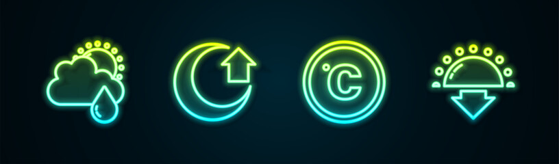 Set line Cloud with rain and sun, Moon, Celsius and Sunset. Glowing neon icon. Vector