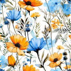 Seamless minimalistic watercolor pattern: the wildflowers and herbs. AI generated