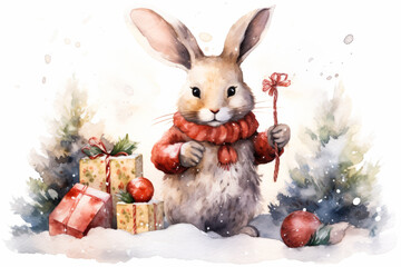 Little cute bunny in Christmas decoration. Watercolor illustration of Christmas celebrating with animals.