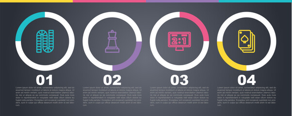 Set line Board game, Chess, Sport mechanical scoreboard and Playing cards. Business infographic template. Vector