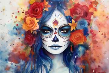 Mexican Catrina skull girl illustration with flowers in watercolor style. Dia de los muertos day. Halloween poster background, greeting card or other design concept.