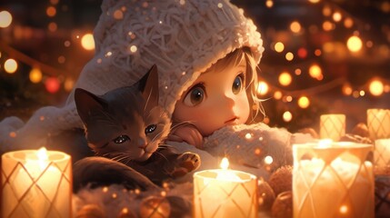 A little girl is holding a cat in front of candles