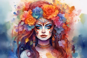 Cercles muraux Crâne aquarelle Mexican Catrina skull girl illustration with flowers in watercolor style. Dia de los muertos day. Halloween poster background, greeting card or other design concept.