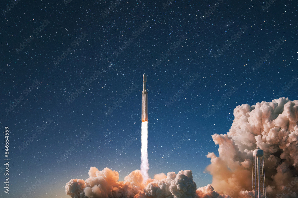 Poster new modern rocket with smoke and blast successfully lift off into the starry sky. spaceship launchin
