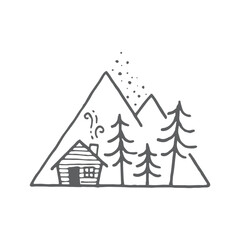 Obraz premium camp house by a tree on the mountain drawing