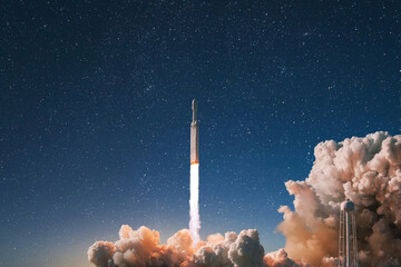 New modern rocket with smoke and blast successfully lift off into the starry sky. Spaceship...