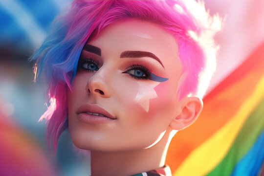 Happy transgender portrait on rainbow background. Watercolor illustration of lgbt rights concept.