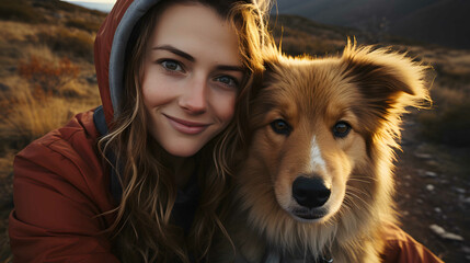 Portrait of a beautiful young woman with her dog in the mountains