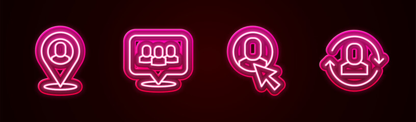 Set line Worker location, Project team base, and Exchange work. Glowing neon icon. Vector