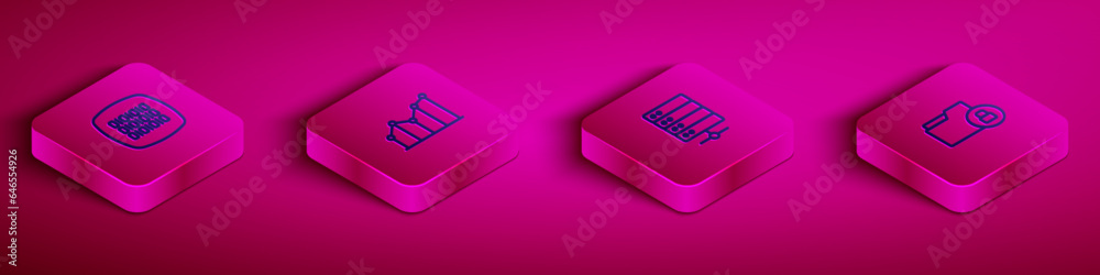 Poster set isometric line binary code, pie chart infographic, server and folder and lock icon. vector