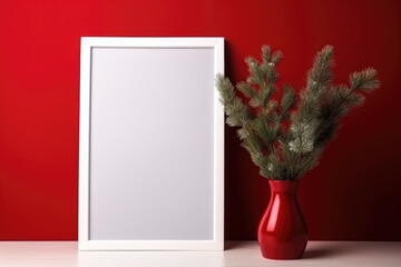 A mock-up of a photo frame against a red wall and a vase with nobilis