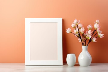 Layout of a white frame on a table with a vase