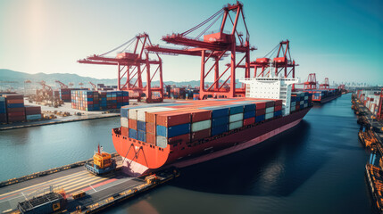 Fototapeta premium Efficient Sea Freight Logistics Concept: Managing Import and Export at the Port's Container Terminal for Smooth Cargo Handling, Reliable Delivery, and Industry Transport Background