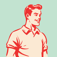 vintage cartoon illustration of a handsome and happy young man - 646555316