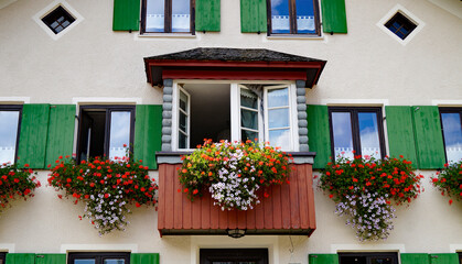 rustic windows with cute white curtains, green wooden shutters and red geraniums on the window...