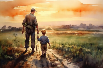 Father farmer with son in front of a sunset agricultural landscape, Man and a boy standing on a farm road . Fatherhood concept. Rural life concept. Watercolor Country lifestyle and farming. - obrazy, fototapety, plakaty