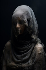 Fototapeta na wymiar horror witch, fashion girl in dusty fabrics hood, mummy style