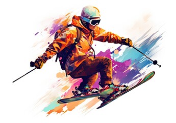 A skier is sliding downhill at speed. Athlete on skis. Active winter recreation. Digital art in watercolor style. Illustration for cover, postcard, postcard, interior design, print, etc. - obrazy, fototapety, plakaty