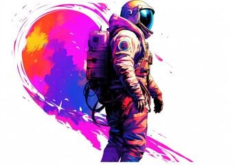 A lone astronaut steps forward. Science fiction universe exploration. Digital art in painting style. Illustration for banner, poster, cover. Can be printed on t-shirt, postcard, case, pillow, etc.