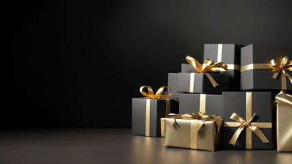 Gift boxes arranged on dark background, Black Friday discounts concept, Marketing Material, Generative AI