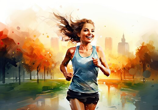 A girl runs along the road in a city park. Young athlete. People's activity. Design for sports. Digital art in watercolor style. Illustration for cover, postcard, card, interior design, decor or print
