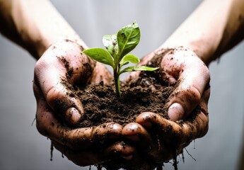 The agronomist guards the green sprout. Green plant growth in nature. Sapling in fertile soil. Agricultural industry. The concept of growth and development under supervision. Illustration for design.