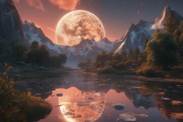 A snow-covered mountain range with a full moon rising over mountain lake
