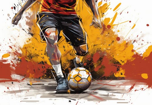 Close-up of a football player's legs leading the ball forward. Active lifestyle. Sports competition or training concept. Digital art in watercolor style. Illustration for cover, card, print, etc.