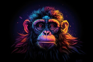A colorful monkey with a mischievous expression, on a dark background.