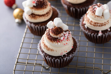 Hot chocolate cupcakes with mini marshmallows, peppermint candy pieces and cocoa