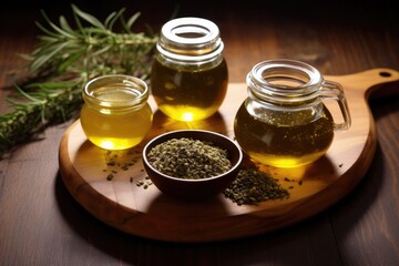 Oil hemp in jars and sauceboat on a wooden board.