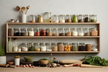 Wooden shelf displaying various jars of spices and ingredients.