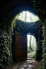 Fototapeta premium 3d rendering of a fantasy doorway portal framed by green vines leading into a idyllic garden. Generative AI