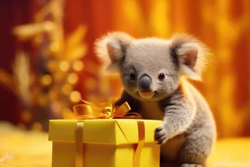 Foto op Plexiglas cute baby Koala bear with christmas gift boxes on yellow background © gankevstock