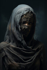 Fototapeta na wymiar horror witch, fashion girl in dusty fabrics hood, mummy style