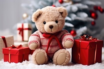 cute baby teddy bear with christmas gift boxes on blurred xmas tree background, free text space
