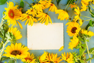 Fresh Sunflowers on bright blue wooden table background with copy space